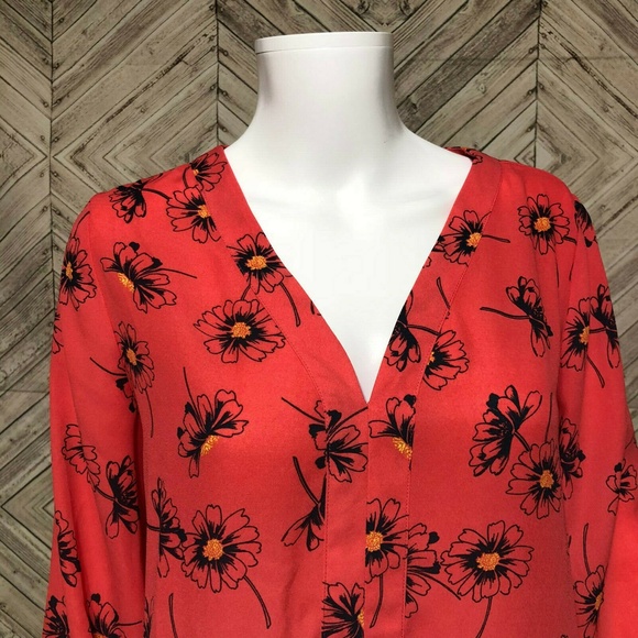 Gap Pink Long Sleeve V Neck Poppy Flower Print Peplum Pullover Blouse Women's S - Picture 2 of 5